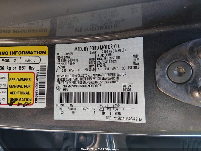 44337223 :رقم المزاد ، 3FMCR9B60RRE60003 vin ، 2024 Ford Bronco Sport Big Bend مزاد بيع