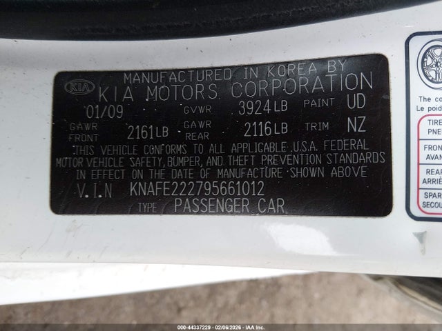 Продаж на аукціоні авто 2009 Kia Spectra Ex, vin: KNAFE222795661012, номер лоту: 44337229