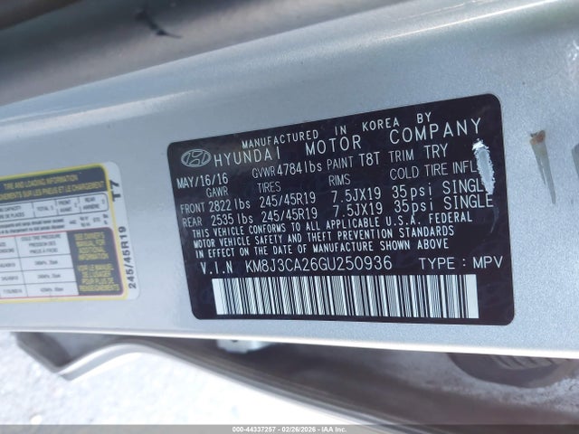 KM8J3CA26GU250936 Hyundai Tucson Limited