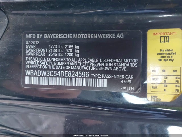 2013 Bmw 328i მანქანა იყიდება აუქციონზე, vin: WBADW3C54DE824596, აუქციონის ნომერი: 44337272