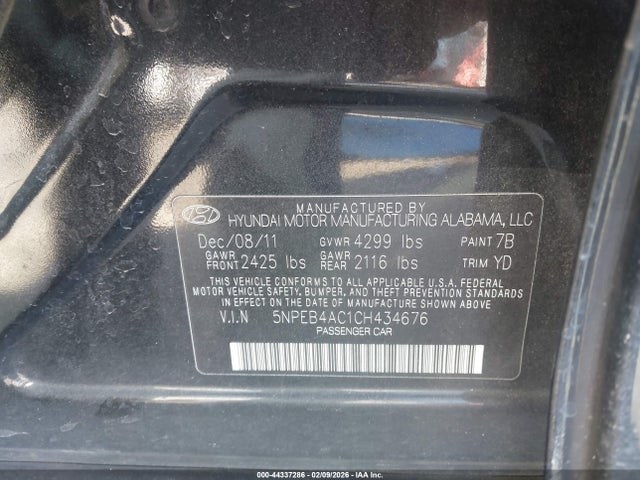 Продажа на аукционе авто 2012 Hyundai Sonata Gls, vin: 5NPEB4AC1CH434676, номер лота: 44337286