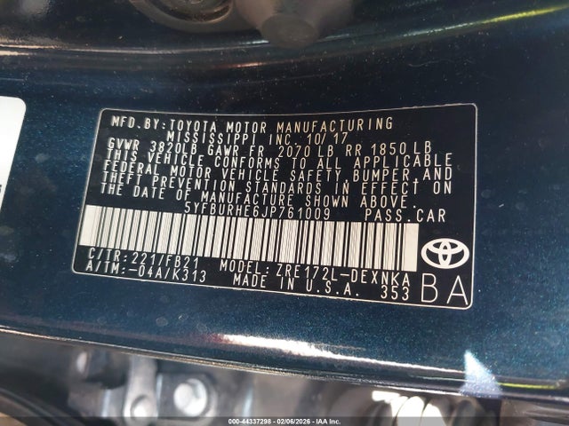 5YFBURHE6JP761009 Toyota COROLLA LE