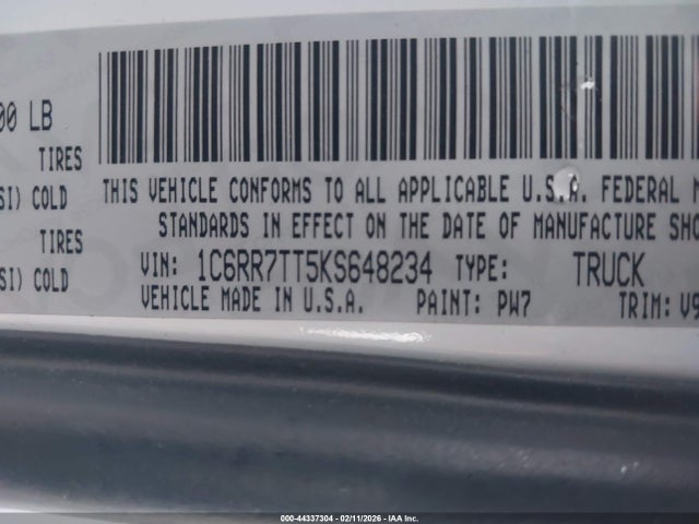 44337304 :رقم المزاد ، 1C6RR7TT5KS648234 vin ، 2019 Ram 1500 Classic Slt  4x4 6'4 Box مزاد بيع