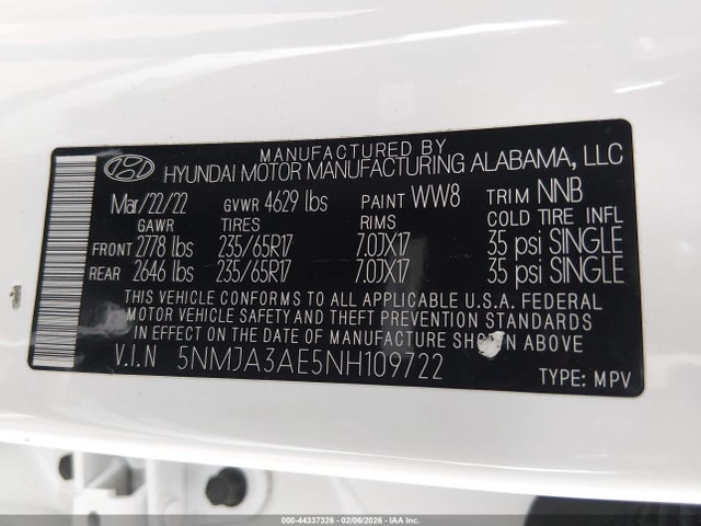 2022 Hyundai Tucson Se მანქანა იყიდება აუქციონზე, vin: 5NMJA3AE5NH109722, აუქციონის ნომერი: 44337326
