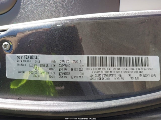 Aukcja sprzedaży 2017 Chrysler Pacifica Touring-l Plus, vin: 2C4RC1EG0HR577574, numer aukcji: 44337333