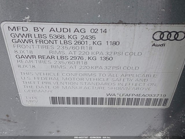 44337357 :رقم المزاد ، WA1LFAFP4EA093719 vin ، 2014 Audi Q5 2.0t Premium مزاد بيع