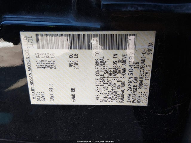 2012 Nissan Altima 2.5 S მანქანა იყიდება აუქციონზე, vin: 1N4AL2AP3CN504297, აუქციონის ნომერი: 44337438
