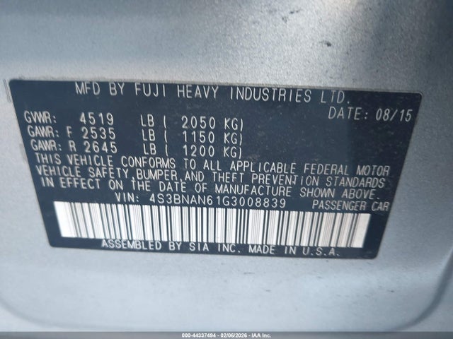 44337494 :رقم المزاد ، 4S3BNAN61G3008839 vin ، 2016 Subaru Legacy 2.5i Limited مزاد بيع
