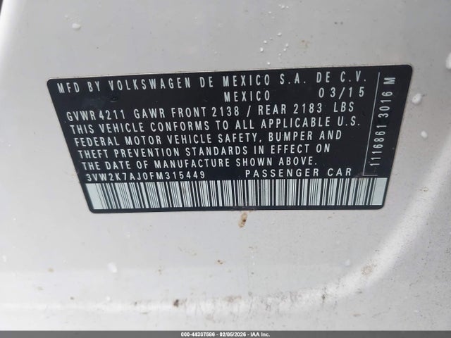 Продажа на аукционе авто 2015 Volkswagen Jetta 2.0l S, vin: 3VW2K7AJ0FM315449, номер лота: 44337586