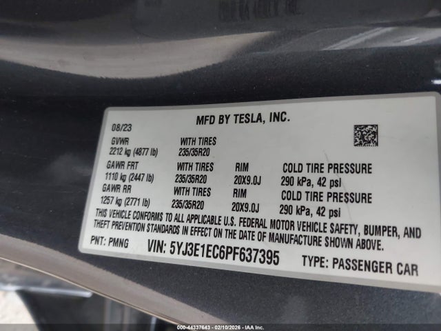 44337643 :رقم المزاد ، 5YJ3E1EC6PF637395 vin ، 2023 Tesla Model 3 Performance Dual Motor All-wheel Drive مزاد بيع