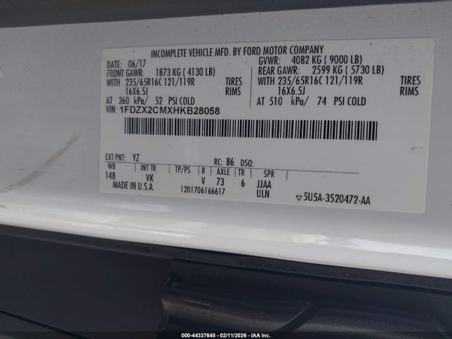44337648 :رقم المزاد ، 1FDZX2CMXHKB28058 vin ، 2017 Ford Transit-350 Xl مزاد بيع