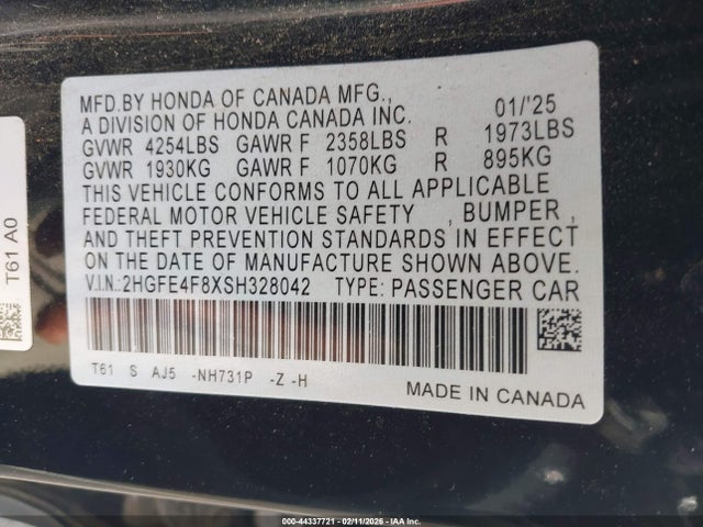 2HGFE4F8XSH328042 Honda Civic Hybrid Sport/sport Touring