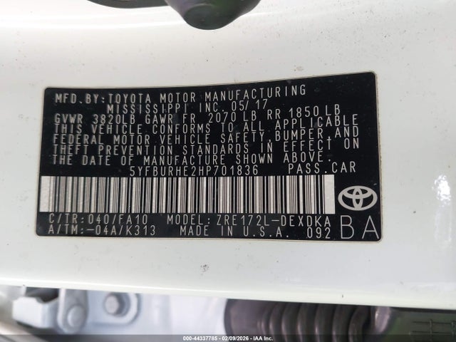 5YFBURHE2HP701836 Toyota COROLLA L