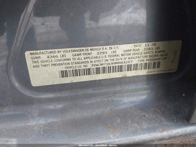 44337791 :رقم المزاد ، 3VWJM71K99M083257 vin ، 2009 Volkswagen Jetta S مزاد بيع