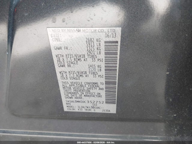 Продажа на аукционе авто 2013 Infiniti Jx35, vin: 5N1AL0MN5DC352752, номер лота: 44337858