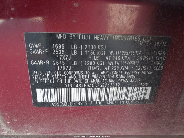 Subaru Outback 2.5i Premium 2016 4S4BSACC7G3247812 Image 9