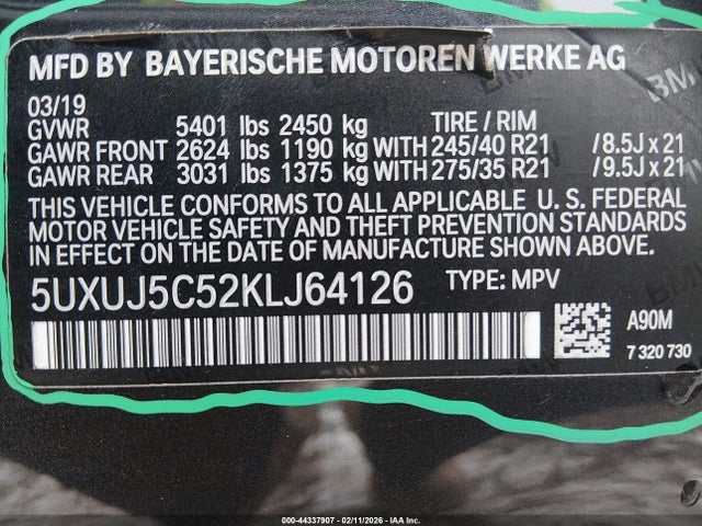 2019 Bmw X4 M40i მანქანა იყიდება აუქციონზე, vin: 5UXUJ5C52KLJ64126, აუქციონის ნომერი: 44337907