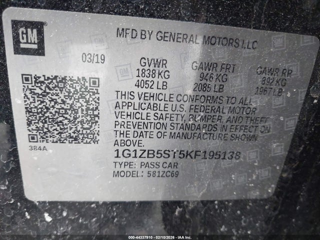 44337910 :رقم المزاد ، 1G1ZB5ST5KF195138 vin ، 2019 Chevrolet Malibu 1ls مزاد بيع