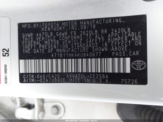 4T1B11HK4KU840677 Toyota CAMRY SE