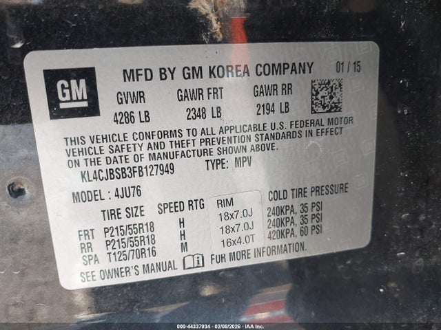44337934 :رقم المزاد ، KL4CJBSB3FB127949 vin ، 2015 Buick Encore Convenience مزاد بيع