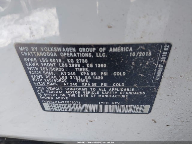 Продажа на аукционе авто 2019 Volkswagen Atlas 3.6l V6 Se W/technology, vin: 1V2UR2CA4KC505272, номер лота: 44337946
