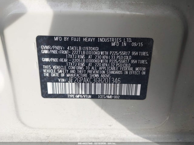 2016 Subaru Crosstrek 2.0i Limited მანქანა იყიდება აუქციონზე, vin: JF2GPAKC3GH201346, აუქციონის ნომერი: 44337949