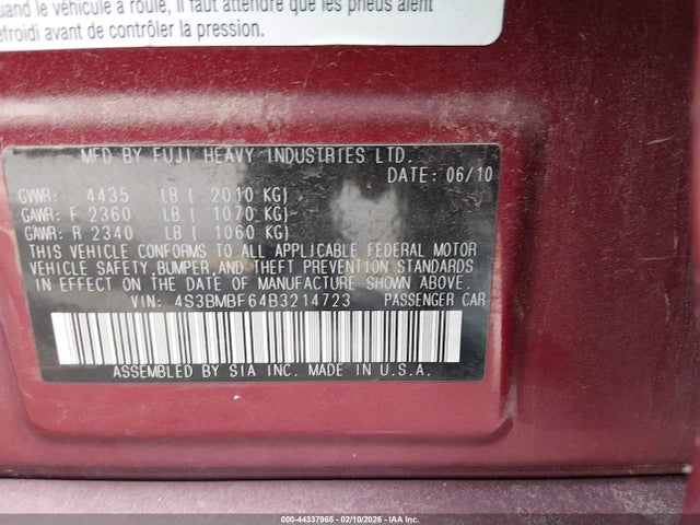 2011 Subaru Legacy 2.5i Premium მანქანა იყიდება აუქციონზე, vin: 4S3BMBF64B3214723, აუქციონის ნომერი: 44337965