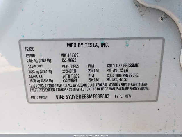 44338016 :رقم المزاد ، 5YJYGDEE8MF089883 vin ، 2021 Tesla Model Y Long Range Dual Motor All-wheel Drive مزاد بيع
