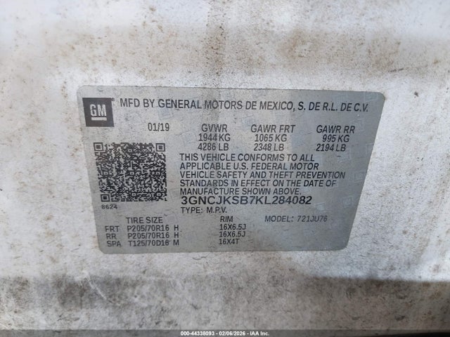3GNCJKSB7KL284082 Chevrolet TRAX LS