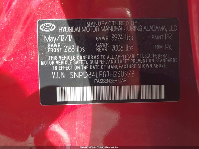 5NPD84LF8JH230973 Hyundai ELANTRA SEL
