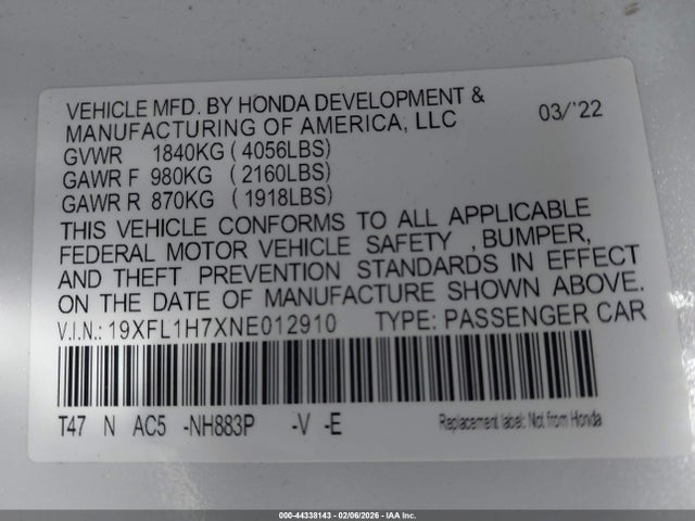 19XFL1H7XNE012910 Honda Civic Ex-l