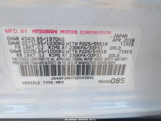 Aukcja sprzedaży 2016 Mitsubishi Outlander Sport 2.4 Es, vin: JA4AP3AW7GZ045831, numer aukcji: 44338225
