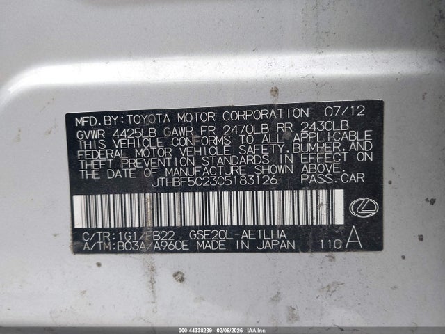 Aukcja sprzedaży 2012 Lexus Is 250, vin: JTHBF5C23C5183126, numer aukcji: 44338239