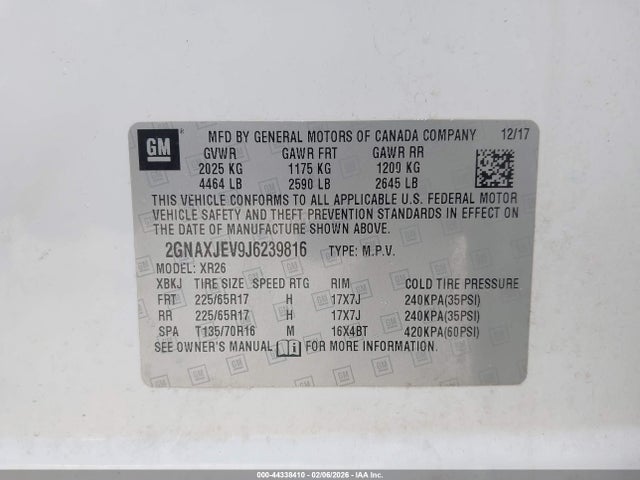 Продажа на аукционе авто 2018 Chevrolet Equinox Lt, vin: 2GNAXJEV9J6239816, номер лота: 44338410