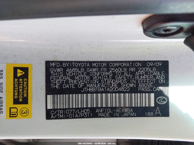 Aukcja sprzedaży 2010 Lexus Hs 250h Premium, vin: JTHBB1BA1A2004822, numer aukcji: 44338443