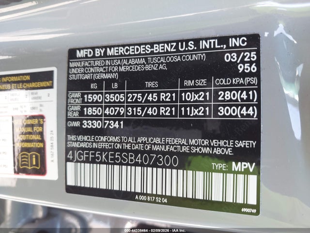 Aukcja sprzedaży 2025 Mercedes-benz Gls 450 4matic, vin: 4JGFF5KE5SB407300, numer aukcji: 44338464
