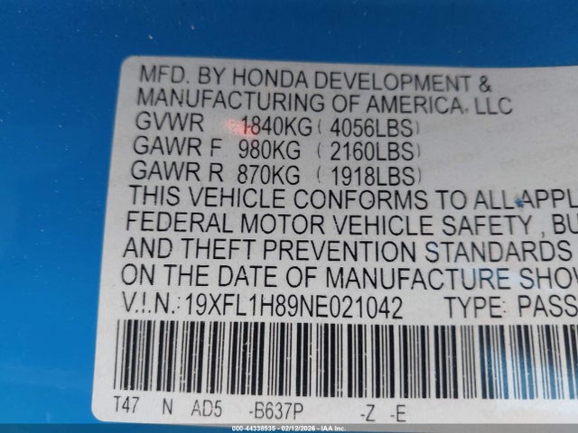 19XFL1H89NE021042 Honda Civic Sport Touring