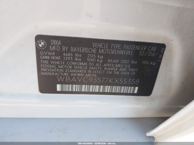 Aukcja sprzedaży 2007 Bmw 328xi, vin: WBAVC93577KX55358, numer aukcji: 44338545