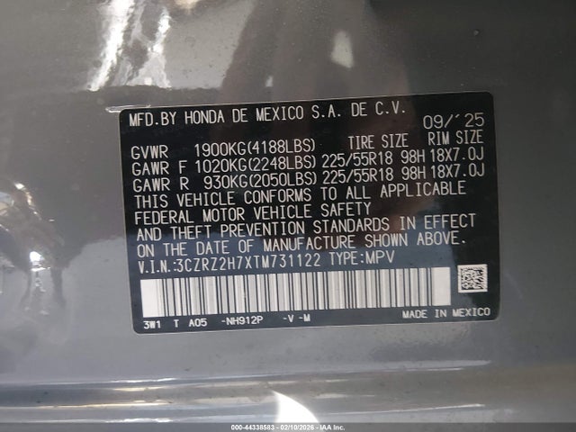 3CZRZ2H7XTM731122 Honda Hr-v Awd Ex-l