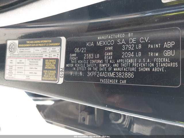 2021 Kia Forte Lxs მანქანა იყიდება აუქციონზე, vin: 3KPF24ADXME382886, აუქციონის ნომერი: 44338604
