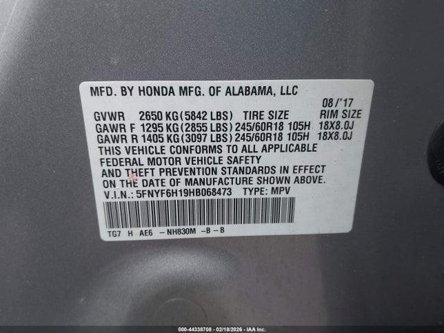 2017 Honda Pilot Lx მანქანა იყიდება აუქციონზე, vin: 5FNYF6H19HB068473, აუქციონის ნომერი: 44338708