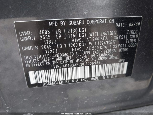Продаж на аукціоні авто 2019 Subaru Outback 2.5i Premium, vin: 4S4BSAFC9K3206957, номер лоту: 44338713