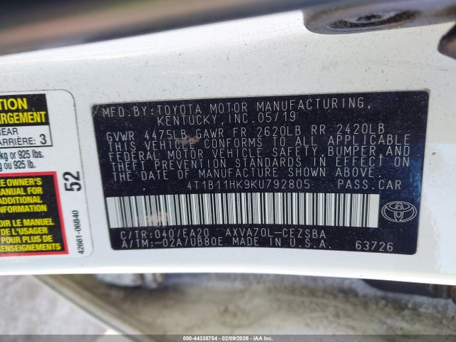 44338754 :رقم المزاد ، 4T1B11HK9KU792805 vin ، 2019 Toyota Camry Se مزاد بيع