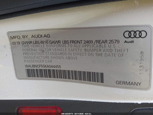 44338775 :رقم المزاد ، WAUBNCF55KA044455 vin ، 2019 Audi A5 45 Premium مزاد بيع