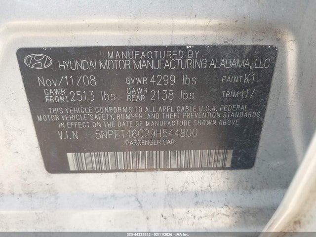 Aukcja sprzedaży 2009 Hyundai Sonata Gls, vin: 5NPET46C29H544800, numer aukcji: 44338843