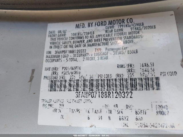 Aukcja sprzedaży 2008 Ford Fusion Se, vin: 3FAHP07188R120322, numer aukcji: 44338877