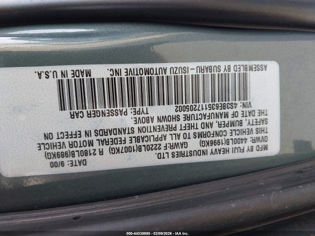 Aukcja sprzedaży 2001 Subaru Legacy L, vin: 4S3BE635117205002, numer aukcji: 44338998