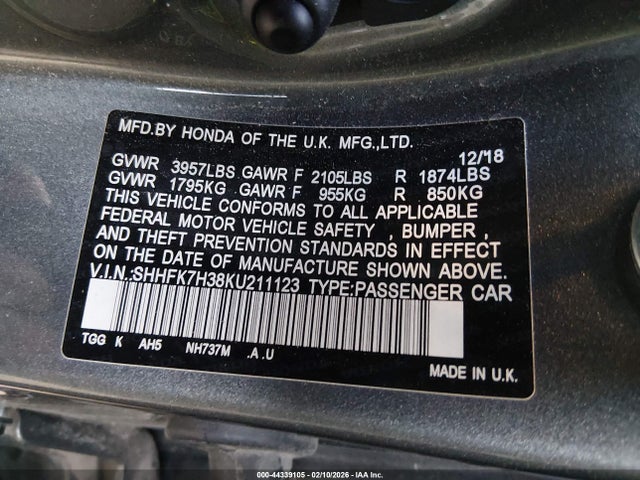 Продажа на аукционе авто 2019 Honda Civic Lx, vin: SHHFK7H38KU211123, номер лота: 44339105