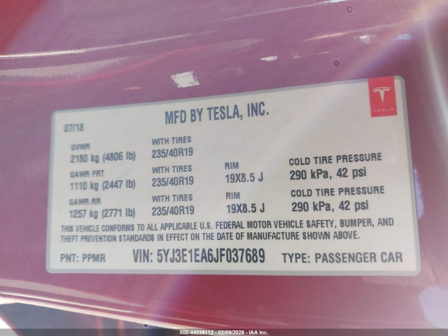 Продажа на аукционе авто 2018 Tesla Model 3 Long Range/mid Range, vin: 5YJ3E1EA6JF037689, номер лота: 44339112