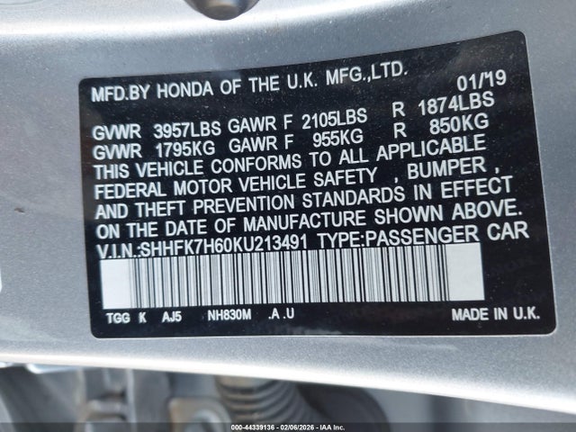 SHHFK7H60KU213491 Honda CIVIC EX